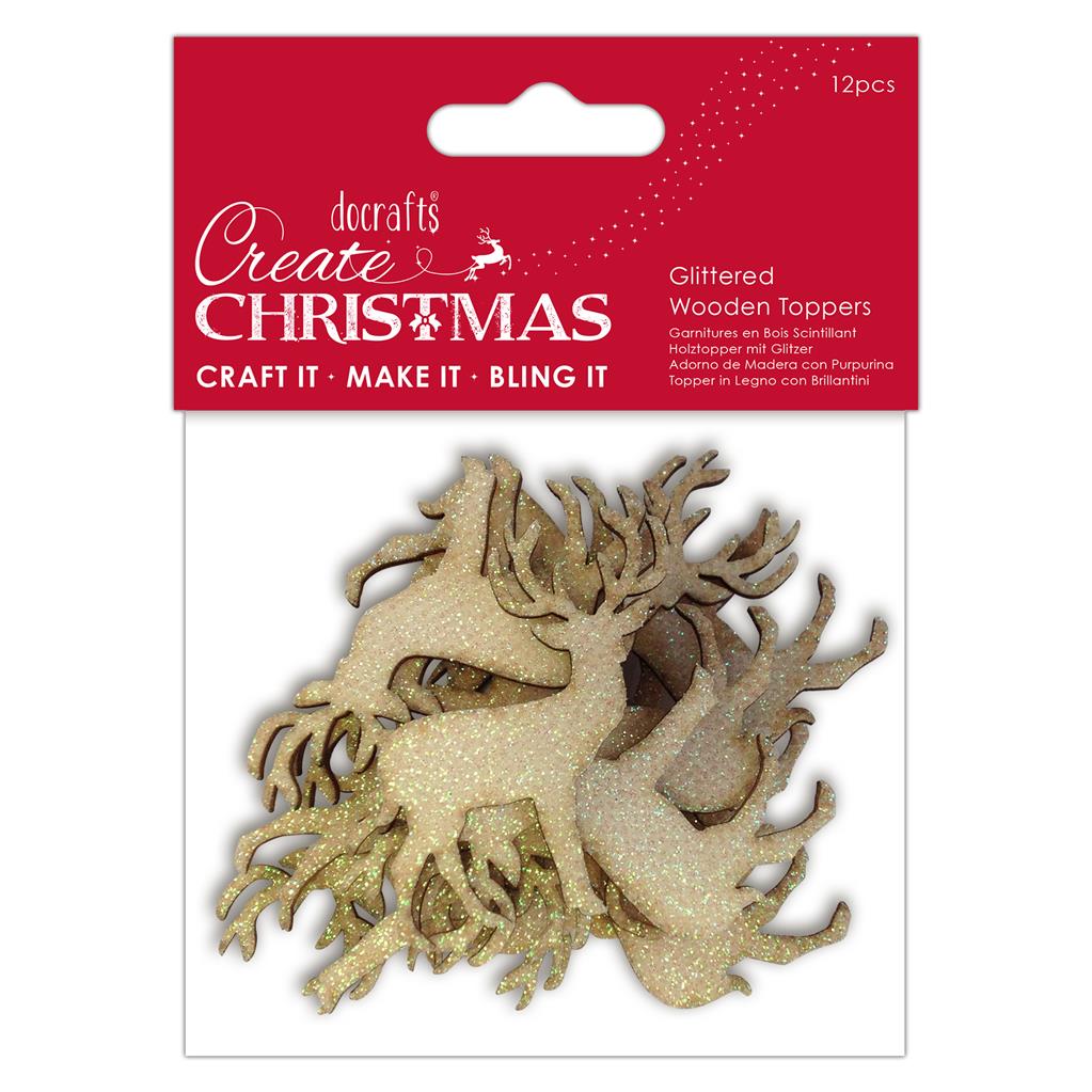 Create Christmas Glittered Wooden Toppers - Stags (12pk)