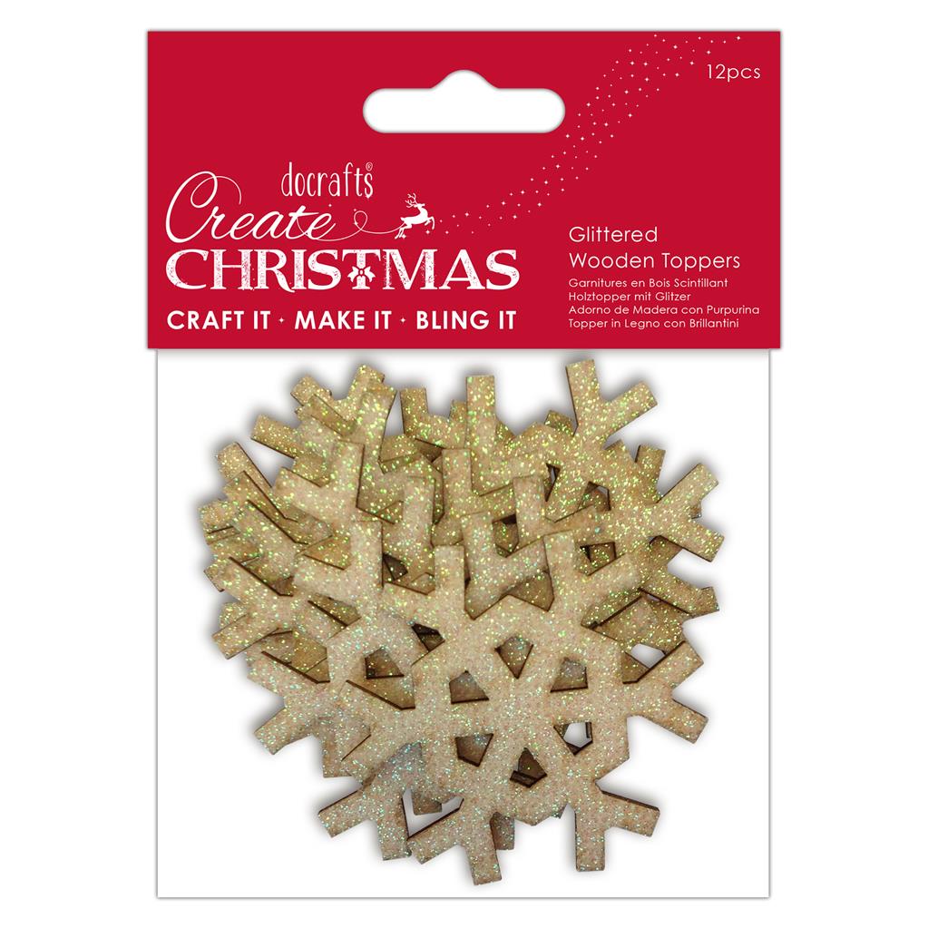 Create Christmas Glittered Wooden Toppers - Hex Snowflake (12pk)