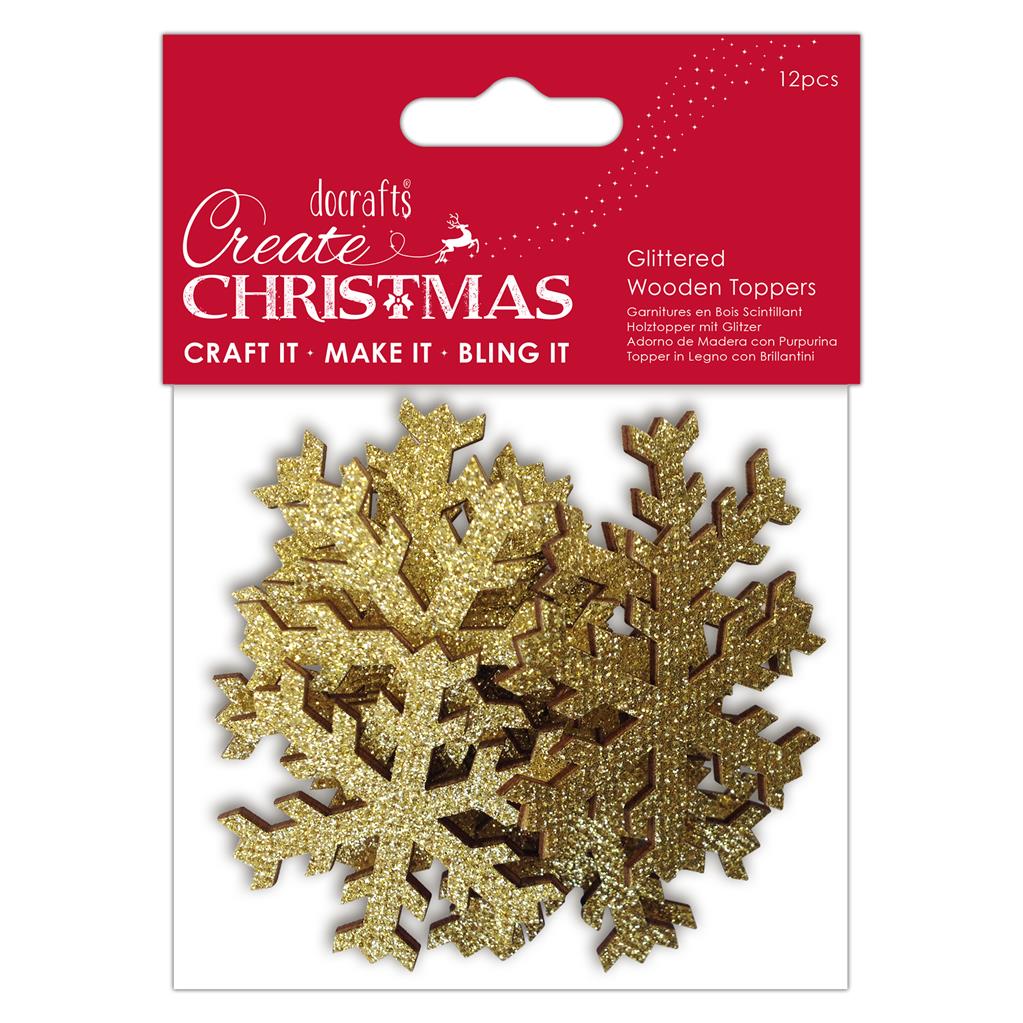 Create Christmas Glittered Wooden Toppers - Sharp Snowflake (12pk)