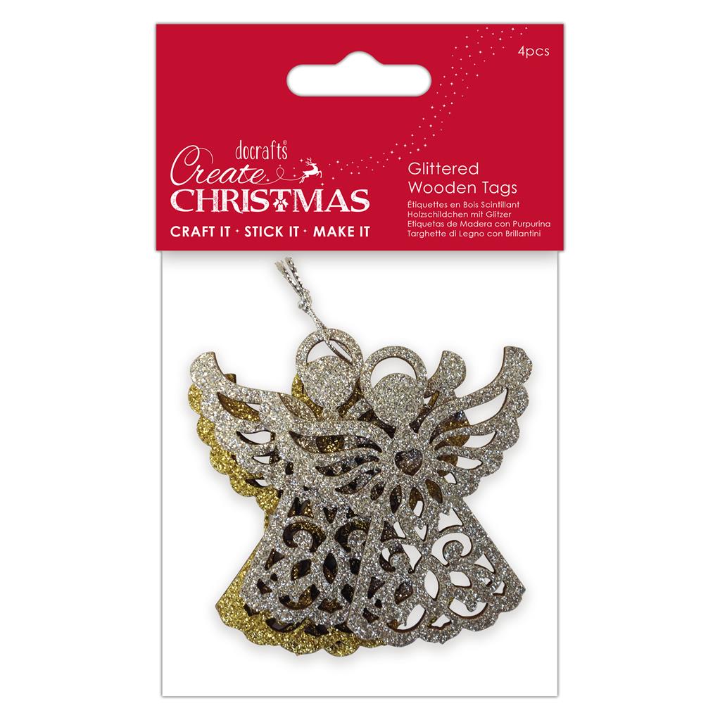 Create Christmas Glittered Wooden Gift Tags - Angel (4pk)