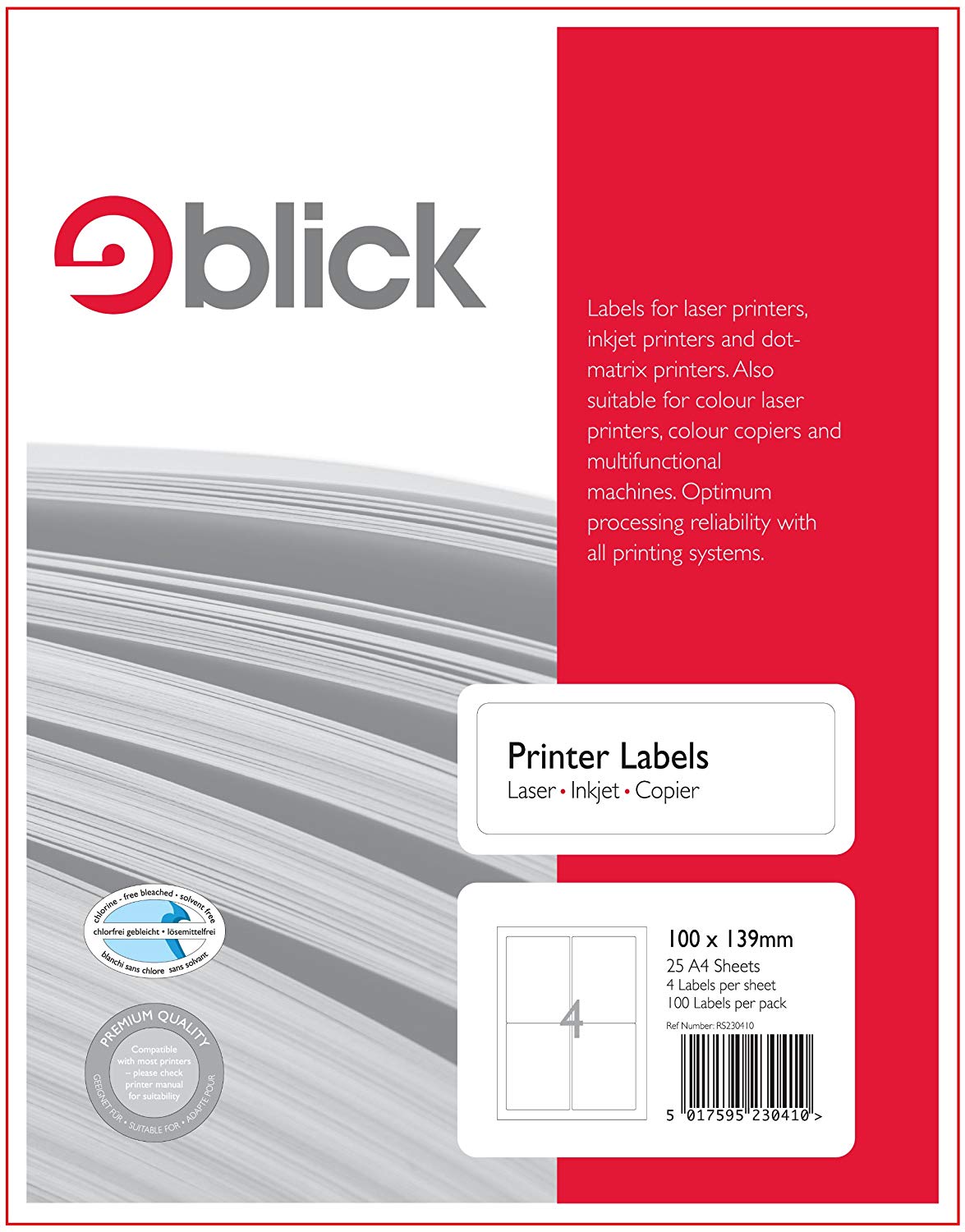 Blick A4 Printer Labels 100mm x 139mm (4 per Sheet) 25pk