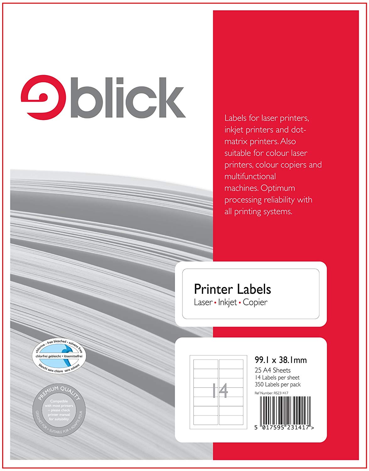 Blick A4 Printer Labels 99.1mm x 38.1mm (14 per Sheet) 25pk